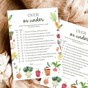 Tarjeta de juego editable para baby shower "Por encima o por debajo" (Little Sprout Farmers Market, verduras cultivadas localmente), plantilla imprimible digital 0544