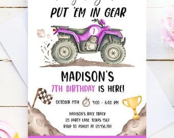Editable Quad Birthday Invitation ATV Rev Your Engines Race on Over Off-Road Vehicle Purple Girl Digital  Evite Template Printable 0566