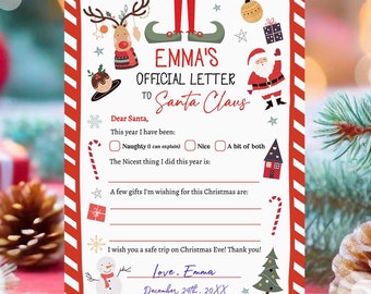 May include: A festive Christmas letter template with a red and white border. The letter, addressed to Santa Claus, features illustrations of Santa, reindeer, and Christmas gifts. The text includes fill-in-the-blank sections for the sender's behavior and gift wishes.