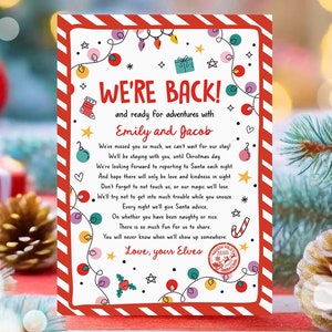 Carta de chegada de elfo editável Carta de retorno Elfo de Natal Estamos de volta Elfo Bem-vindo Olá dos elfos Menino Menina Modelo digital para impressão 0521