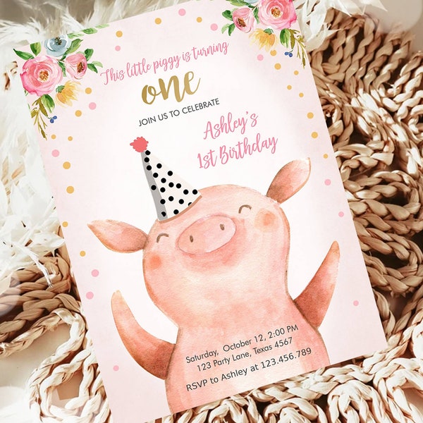 Editable Pig Birthday Invitation Girl Farm Animals Party Animals Pink Floral Barnyard Party Digital Download Evite Template Printable 0188
