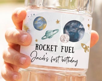 Editable Outer Space Water Bottle Label Galaxy Party Decor Space Birthday Rocket Fuel Label Planets Digital Download Template Printable 0357