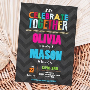 Editable Siblings Birthday Invitation Twins Birthday Party Dual Joint Boy Girl Party Rainbow Digital Download Template Printable 0087
