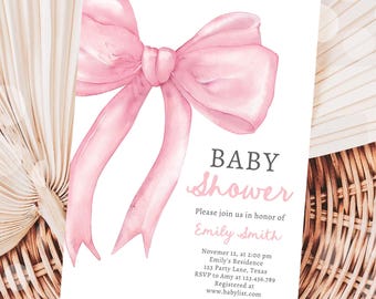 Editable Blush Pink Bow Baby Shower Invitation Girl Pink Coquette Baby Shower Preppy Minimalist Digital Download Template Printable 0527