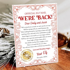 Plantilla digital editable para imprimir con texto "Hemos vuelto", "Carta de llegada", "Carta de regreso", "Elfo de Navidad", "Hola de elfos", "Niño y niña" 0523