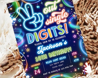 Editable Peace Out Single Digits Birthday Invitation Neon Glow Disco Boy 10th Birthday Party Digital Download Evite Template Printable 0537