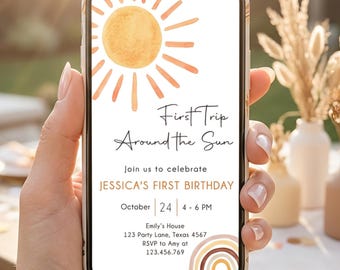 First Trip Around The Sun Birthday Evite, Boho Sunshine Phone Invitation, Editable Digital 0431