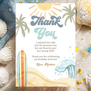 Cartão de agradecimento para festa de aniversário de surfe editável para menino, o grandão, surfando na praia, verão, primeiro aniversário, modelo digital para download, para impressão 0433