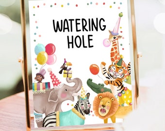 Watering Hole Birthday Sign Drink Table Decor Safari Birthday Wild One Animals Party Animals Table Sign Zoo Party Digital Printable 0482