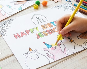 Página para colorear editable de animales de granja, juego de actividades para fiesta de cumpleaños, cumpleaños en la granja, cumpleaños en el corral, descarga digital IMPRIMIBLE Corjl 0155