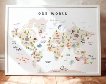 Tierweltkarte Poster Pädagogisches Safari-Tiere Kindergarten Klassenzimmer Schule Aktivität Kinder Schild Montessori Sofortiger Download Druckbar 0550
