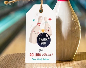 Editable Bowling Favor tags Bowling Party Boy Bowling Thank you tags Label tags Rolling With Me Labels Bowling Birthday Template Corjl 0505