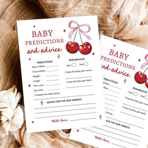 Bewerkbare babyvoorspellingen en advieskaart babyshowerspel Cherry Baby Shower Bow Coquette Cherry on Top digitale sjabloon afdrukbare 0539