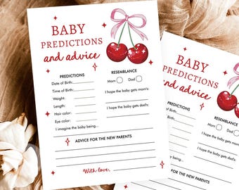 Editable Baby Predictions and Advice Card Baby Shower Game Cherry Baby Shower Bow Coquette Cherry On Top Digital Template Printable 0539