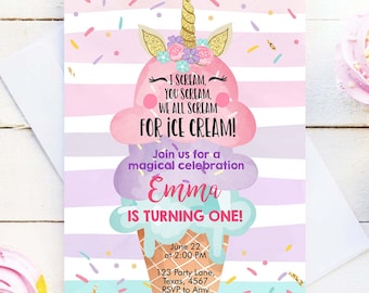 Editable Unicorn Ice Cream Birthday Invitation Here's the Scoop Cone Magical Rainbow Party Digital Evite Template Printable 0243