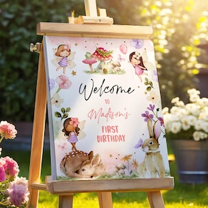 Editable Fairy Birthday Welcome Sign Fairy Garden Sign Whimsical Welcome Enchanted Forest 1st Birthday Girl Digital Template Printable 0438