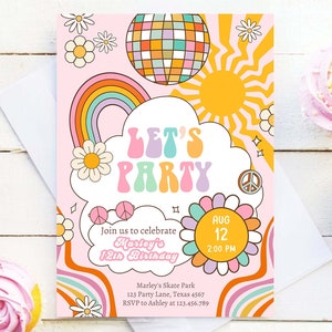 Editable Groovy Birthday Party Invitation Let&#39;s Party Birthday Boho Retro Flower Power 70&#39;s Girl Pink Digital Evite Template Printable 0538