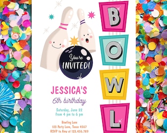 Editable Bowling Birthday Invitation Strike Up Some Fun Girl Pink Bowling Party Pizza Teen Retro Digital Download Template Printable 0505
