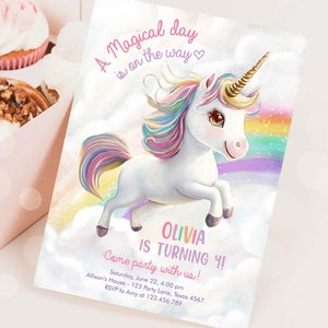 Editable Unicorn Birthday Invitation Magical Party Girl Pink Pastel First Unicorn Party Rainbow Digital Download Template Printable 0503