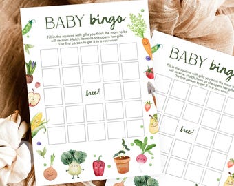 Bewerkbare babybingo babyshower gamekaart Little Sprout Farmers Market Genderneutraal lokaal geteelde digitale downloadsjabloon afdrukbare 0544