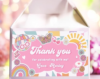 Editable Groovy Birthday Party Gable Box Favor Label Hippie 70's Gift Box Boho Rainbow Daisy Peace Love Digital Template Printable 0524
