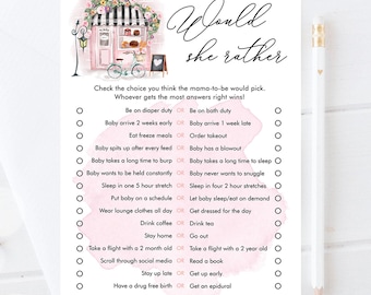 Editable Would She Rather Game Paris Baby Shower Bonjour Bebe French Patisserie Eiffel Tower Digital Download Template Printable 0441