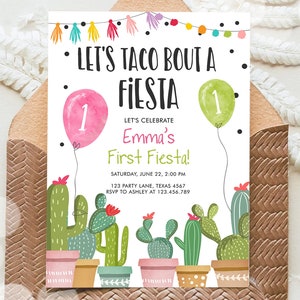 Bearbeitbare Taco Bout a Fiesta Geburtstagseinladung ANY AGE Kaktus Sukkulente 1. Geburtstag Party Girl Rosa Digitale Vorlage Printable 0254