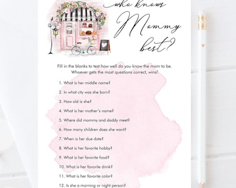 Editable Who Knows Mommy Best Game Paris Baby Shower Bonjour Bebe French Patisserie Eiffel Tower Digital Download Template Printable 0441
