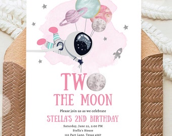 Editable Two the Moon Outer Space Birthday Invitation Out of this World Astronaut Pink Silver Girl Second 2nd Evite Template Printable 0366