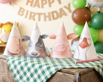 Sombreros de fiesta imprimibles con animales de granja, decoración de cumpleaños, decoración de granja, vaca, cerdo, oveja, decoración de granja, imprimible digital DIY 0155