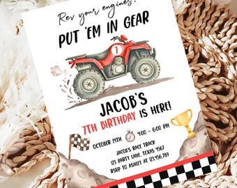Invitación de cumpleaños editable para quad ATV: acelera tus motores, corre en el todoterreno, plantilla digital imprimible Red Boy 0566