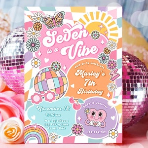 Editable Seven is a Vibe Groovy 7th Birthday Party Invitation Groovy Hippie Peace Preppy Varsity Disco Digital Evite Template Printable 0524