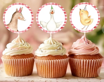 Farm Animals Cupcake Toppers Boy Birthday Party Animals Favor Tag Stickers Horse Donkey Goose Chicken Digital Download Printable 0155