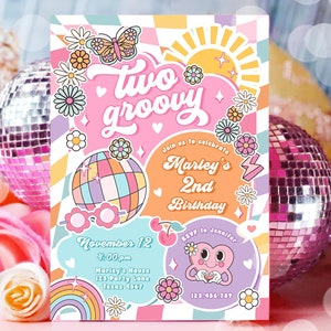 Editable Two Groovy 2nd Birthday Party Invitation Retro Hippie Peace Sunshine Preppy Varsity Disco Digital Evite Template Printable 0524