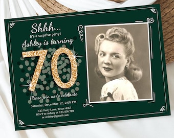 Editable ANY AGE Surprise Birthday Invitation Adult 70th Party Rustic Emerald Green Gold Glitter Photo Digital Evite Template Printable 0103