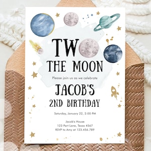 Editable Two the Moon Second Birthday Invitation Space Astronaut Planets Galaxy 2nd Boy Digital Download Evite Template Printable 0357