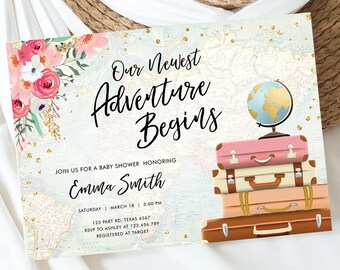 Bearbeitbar Unser neuestes Abenteuer beginnt Babyparty Einladung Pink Floral Gold Koffer Reise Erwartet Digitale Vorlage Printable 0030