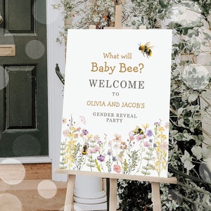 Letrero de bienvenida de abeja editable ¿Qué revelará el género de la abeja bebé? Bienvenida, cariño, baby shower, mamá a la abeja, plantilla de letrero de jardín IMPRIMIBLE Corjl 0502