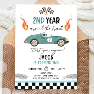 Editable 2nd Year Around the Track Birthday Invitation Boy Blue Green Two Fast Party Race Car Second Racing Digital Template Printable 0424