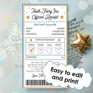 Recibo editable del Hada de los Dientes Certificado del primer diente perdido Nota oficial del Hada Carta del Hada de los Dientes para niños Plantilla digital imprimible 0526