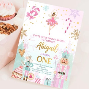 編集可能なくるみ割り人形の誕生日招待状 女の子向け お菓子の国 冬 ピンク 女の子 金平糖の精 デジタルダウンロード Evite テンプレート 印刷可能 0352