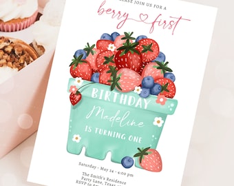 Editable Berry Sweet Birthday Invitation Blueberry Strawberry Picking Party Farmers Market Twin Digital Evite Template Printable 0506