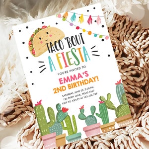 Editable Taco Bout a Fiesta Birthday Invitation Girl Pink Cactus Party Mexican Cinco de Mayo Digital Download Template Printable 0254