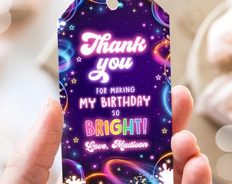 Editable Glow Favor Tag Neon Glow in the Dark Disco Girl Birthday Party Thank You Gift Tag Label Digital Download Template Printable 0537