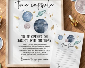 May include: A framed sign and a matching card with space-themed watercolor illustrations of planets, stars, and rockets. The text reads Time capsule to be opened on Jacob's 18th birthday, with a poem and a Dear Jacob card for writing messages.