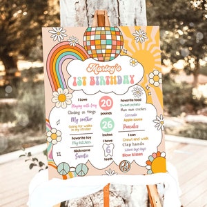 Letrero de cumpleaños editable, estilo retro y moderno, para niña, primer cumpleaños, hippie, estilo floral, estilo bohemio de los 70, descarga la plantilla Corjl imprimible 0459