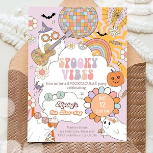 Editable Groovy Halloween Birthday Invitation Pink Spooky Vibes Ghost Party Girl Spooktacular Digital Download Template Printable 0471