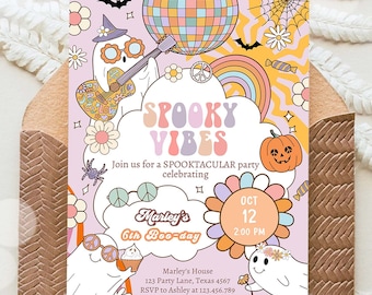 Editable Groovy Halloween Birthday Invitation Pink Spooky Vibes Ghost Party Girl Spooktacular Digital Download Template Printable 0471