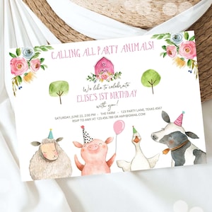 Editable Farm Animals Birthday Invitation Girl Party Animals Pink Barn Barnyard Birthday Digital Download Evite Template Printable 0155