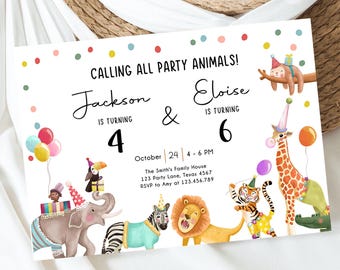 Bewerkbare oproep aan alle feestbeesten verjaardagsuitnodiging gezamenlijke partij broers en zussen studente dierentuin safaridieren jongen meisje digitale sjabloon afdrukbare 0482